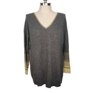 Cullen Womens 100% Cashmere V-Neck Sweater Green Striped Cuff Tunic Medium
